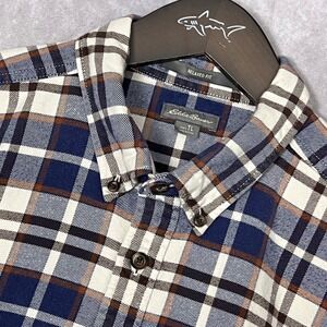 Eddie Bauer Mens Relaxed Fit Flannel Shirt Navy Blue White Plaid Tall Large TL